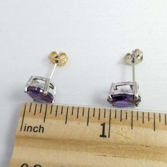 Vintage Oval Purple Rhinestone Stud Earrings, Silver Tone Setting, Estate - Picture 5 of 7